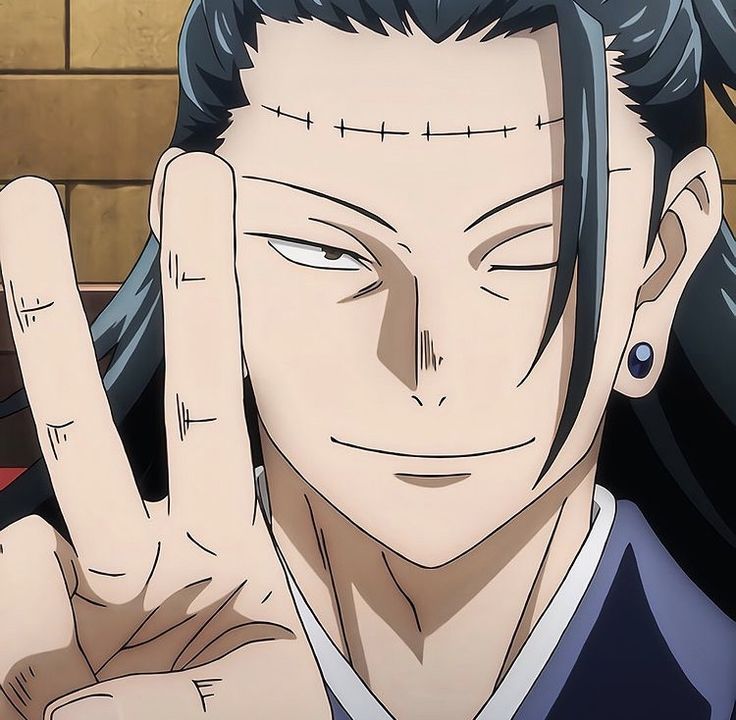 Suguru Geto pictured winking and doing a peace sign with his right hand